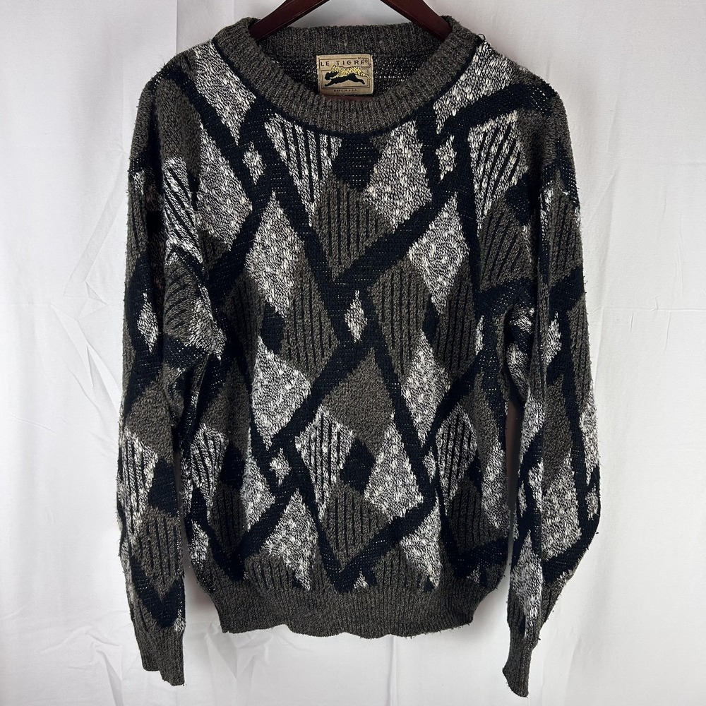 Vintage Le Tigre Sweater Mens Medium Gray Crewneck Geometric Made in USA 90s